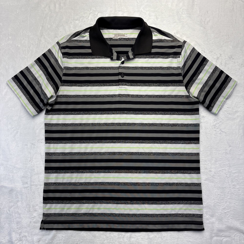 Nike Golf Tour Performance Dri-FIT Polo Mens L Black Gray Stripe Neon Green