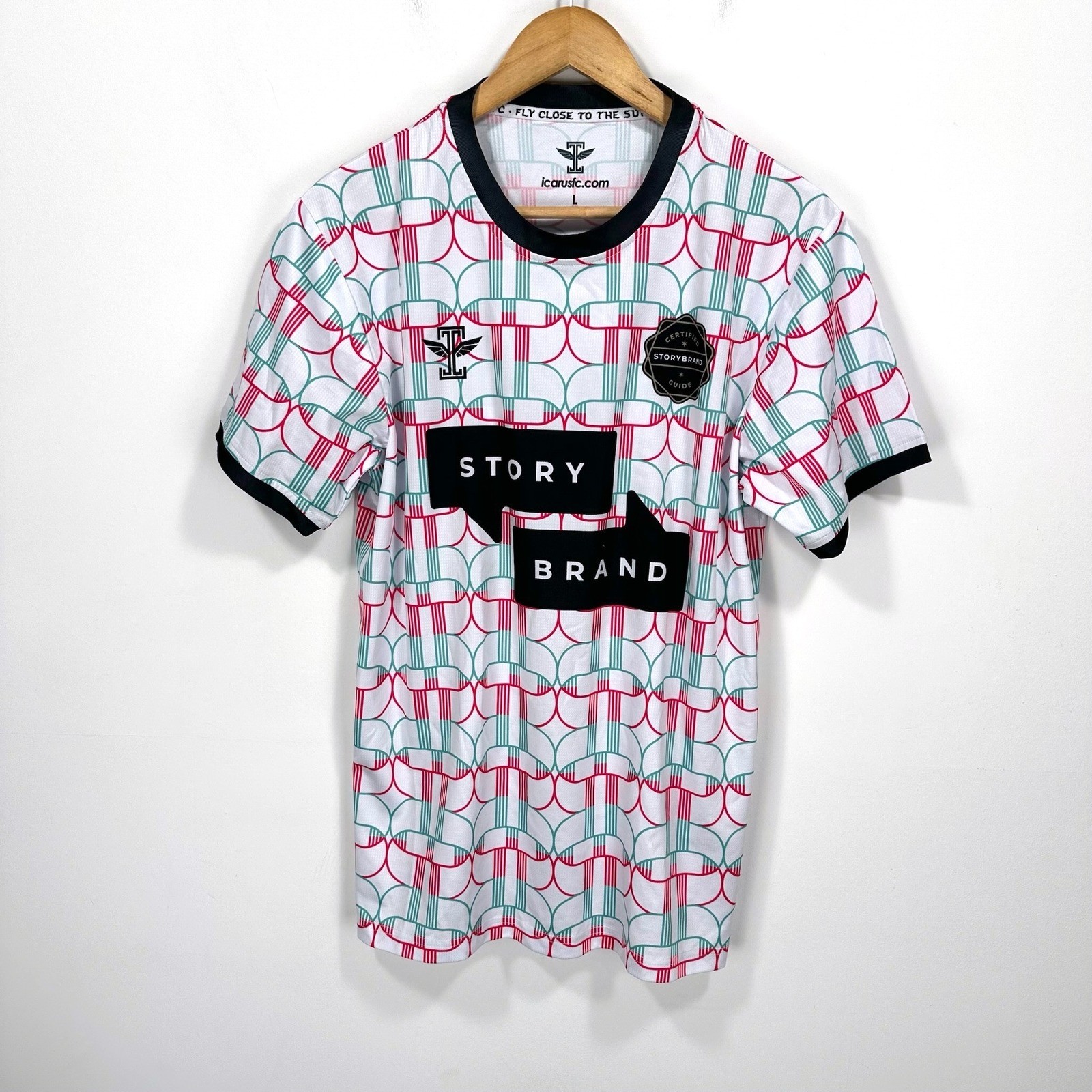 Story Brand Soccer Jersey Mens Large White Red Teal Graphic Don Miller Icarus FC gallery