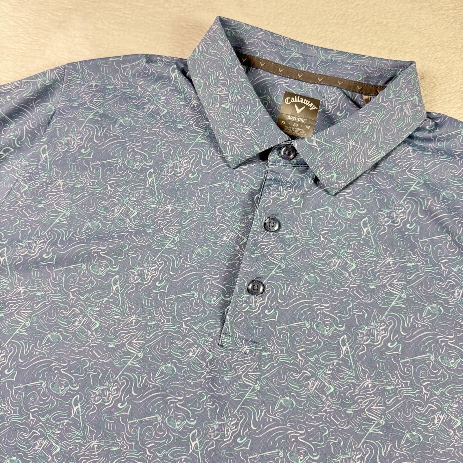 Callaway Swing Tech Polo Shirt Opti Dri Mens XL Blue All Over Print Golf Clubs gallery