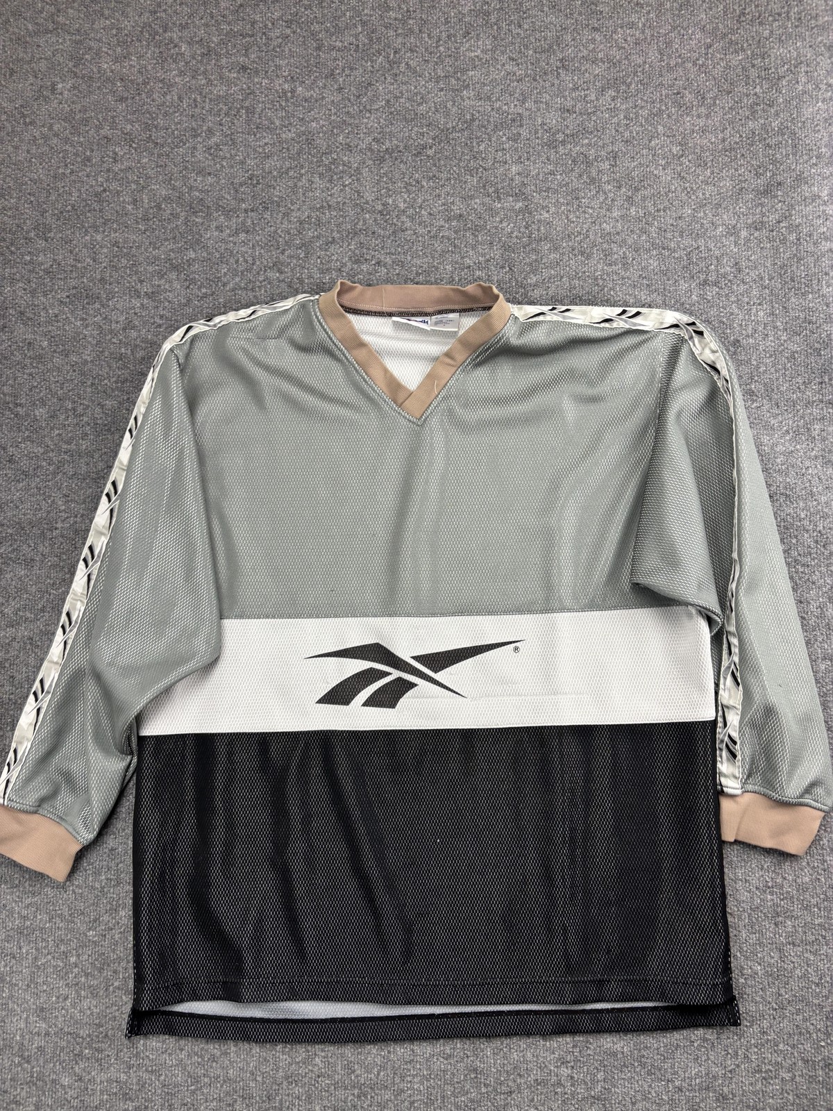Vintage Reebok Shirt Mens Large Gray Black Colorblock Mesh V Neck Jersey 90s gallery