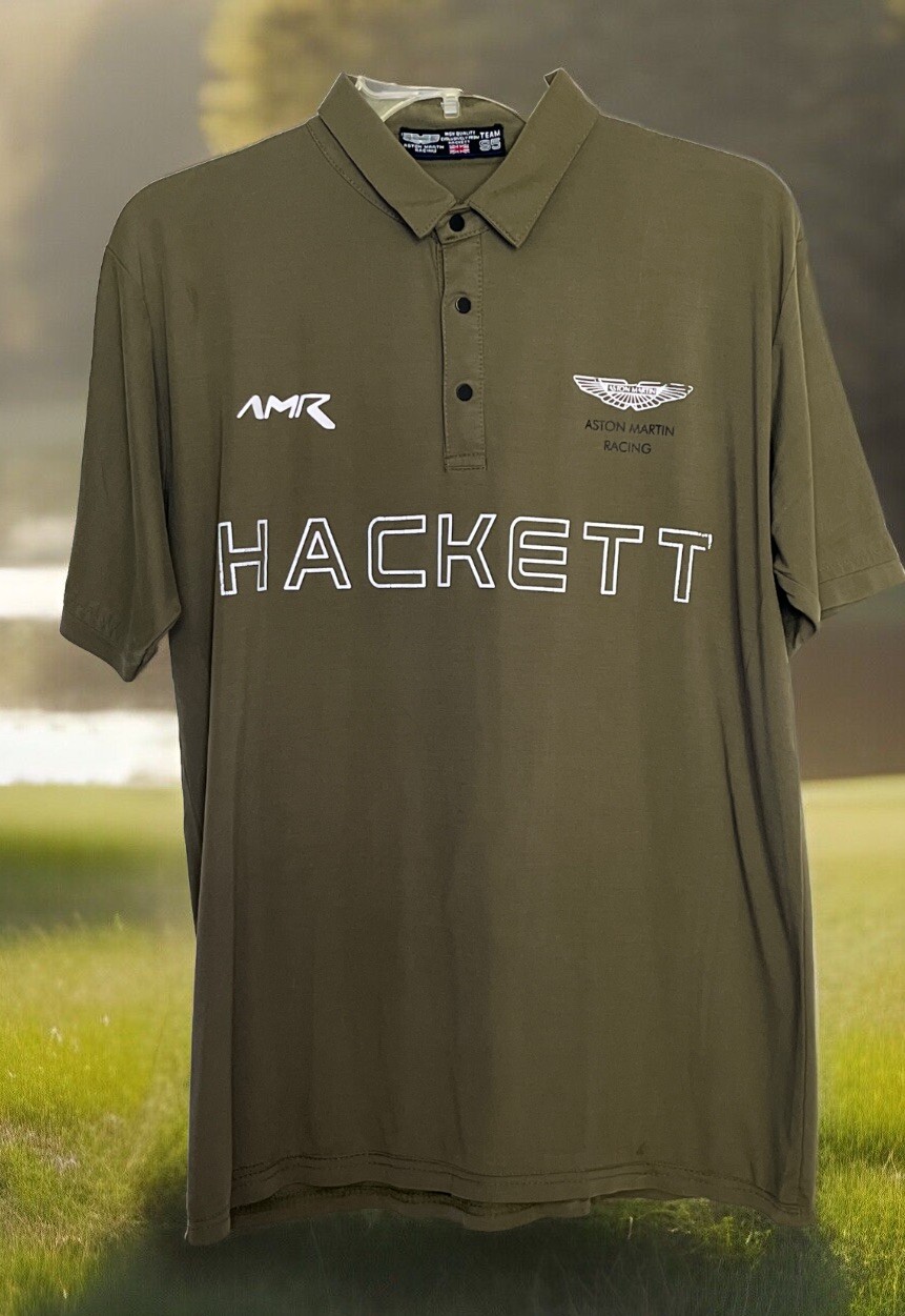 NR MINT ASHTON MARTIN M HACKETT RACING ARMY TAUPE GREEN GOLF POLO SHIRT MENS gallery