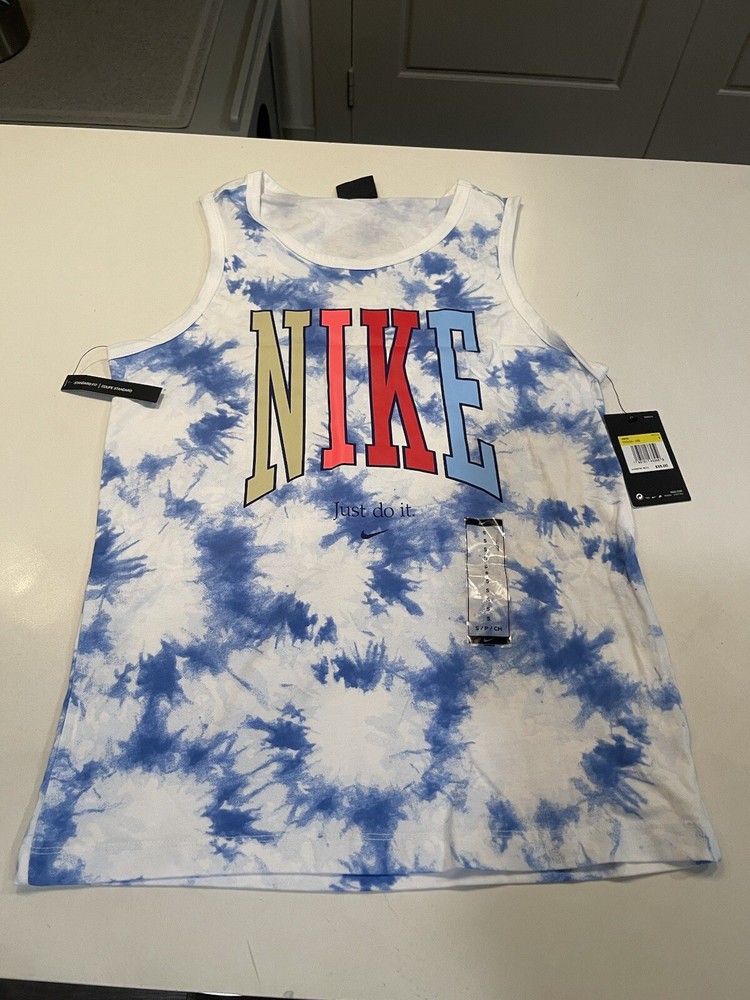 🔥NEW Nike Tie Dye Men's Size Small "Just Do It" Tank Top White Blue CK0154-100