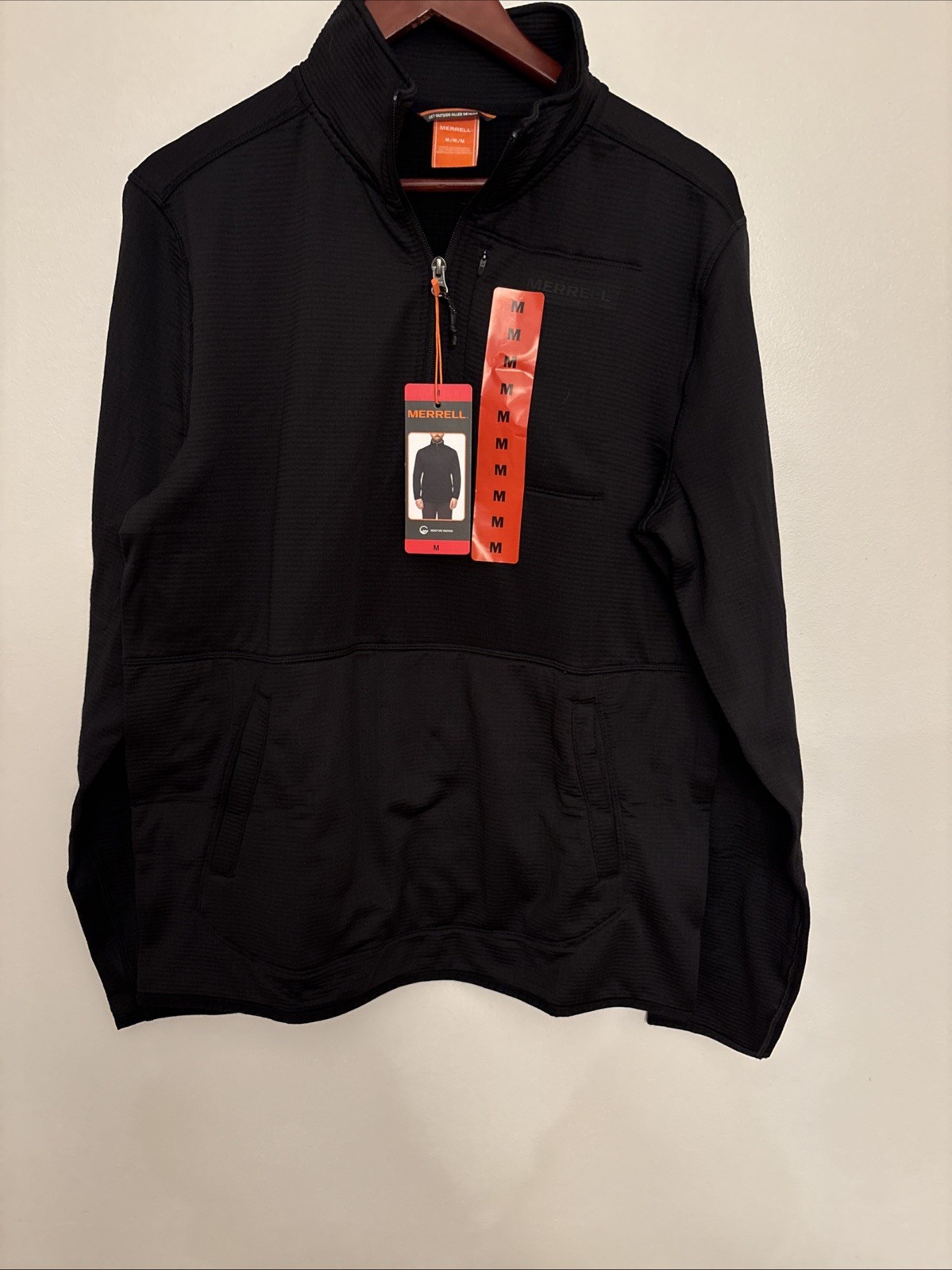 Merrell Men's 1/4 Zip Fleece Pullover Shirt Size Medium Black Waffle Knit NEW gallery