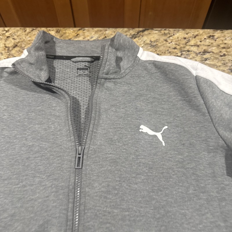 Puma Pullover Mens Medium Gray Full Zip Stand-Up Collar Pockets Jersey Logo gallery