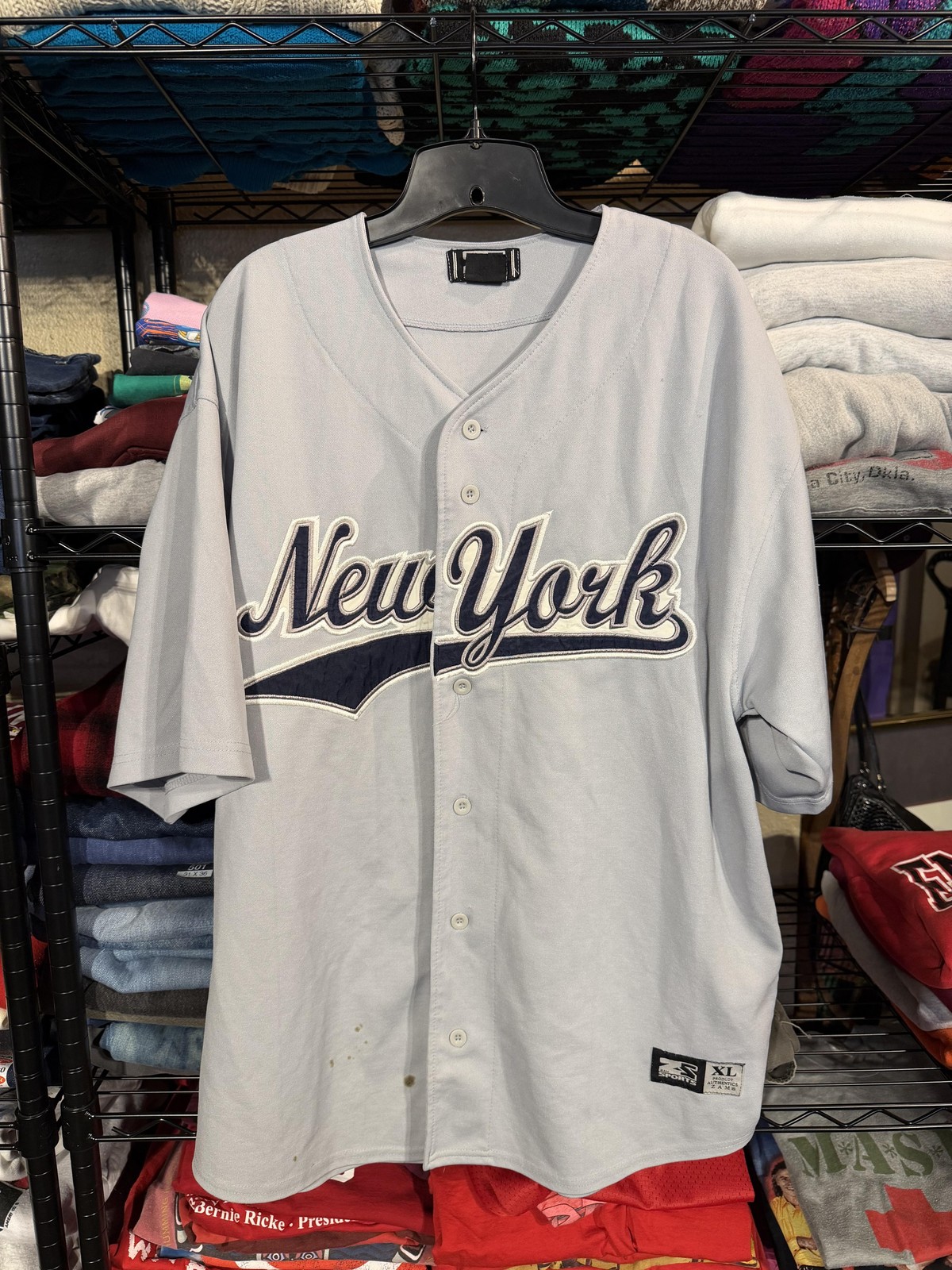 ZAM Sports Shirt Mens XL Gray New York Button Front Baseball Jersey Embroidered gallery