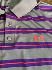 Under Armour Heat Gear Polo Shirt Gray Purple Pink Stripe Men’s Large L Loose