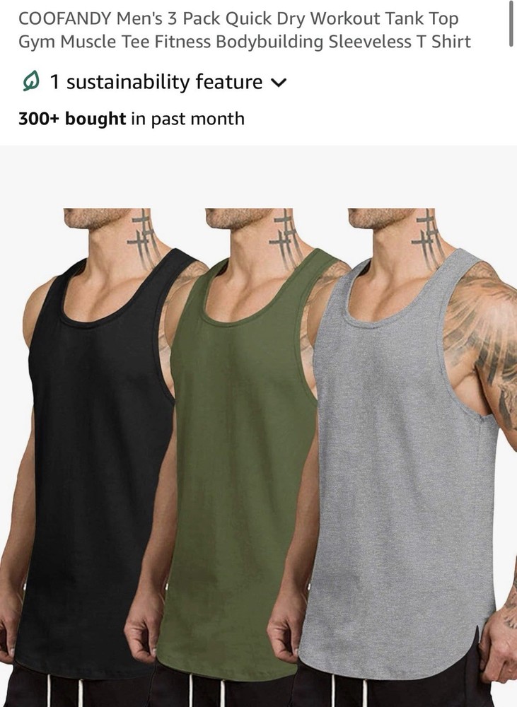 COOFANDY Men’s 3-Pack Quick Dry Muscle Tank Tops Sleeveless Black/Green/Gray