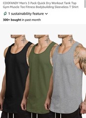 COOFANDY Men’s 3-Pack Quick Dry Muscle Tank Tops Sleeveless Black/Green/Gray
