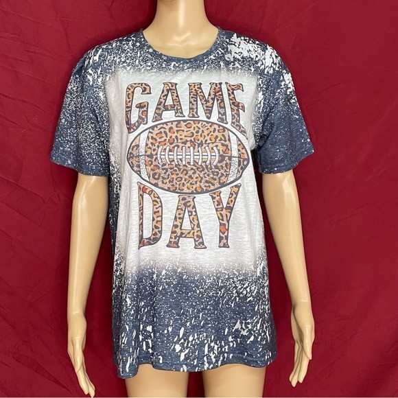 Custom Bleach Dyed "Game Day" Leopard Football Print T-Shirt Large gallery