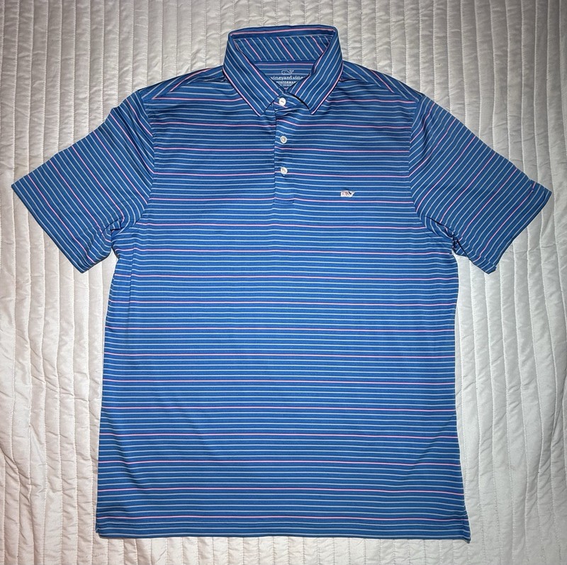 Vineyard Vines Mens Large Blue Pink Striped Performance Stretch Whale Polo Shirt gallery