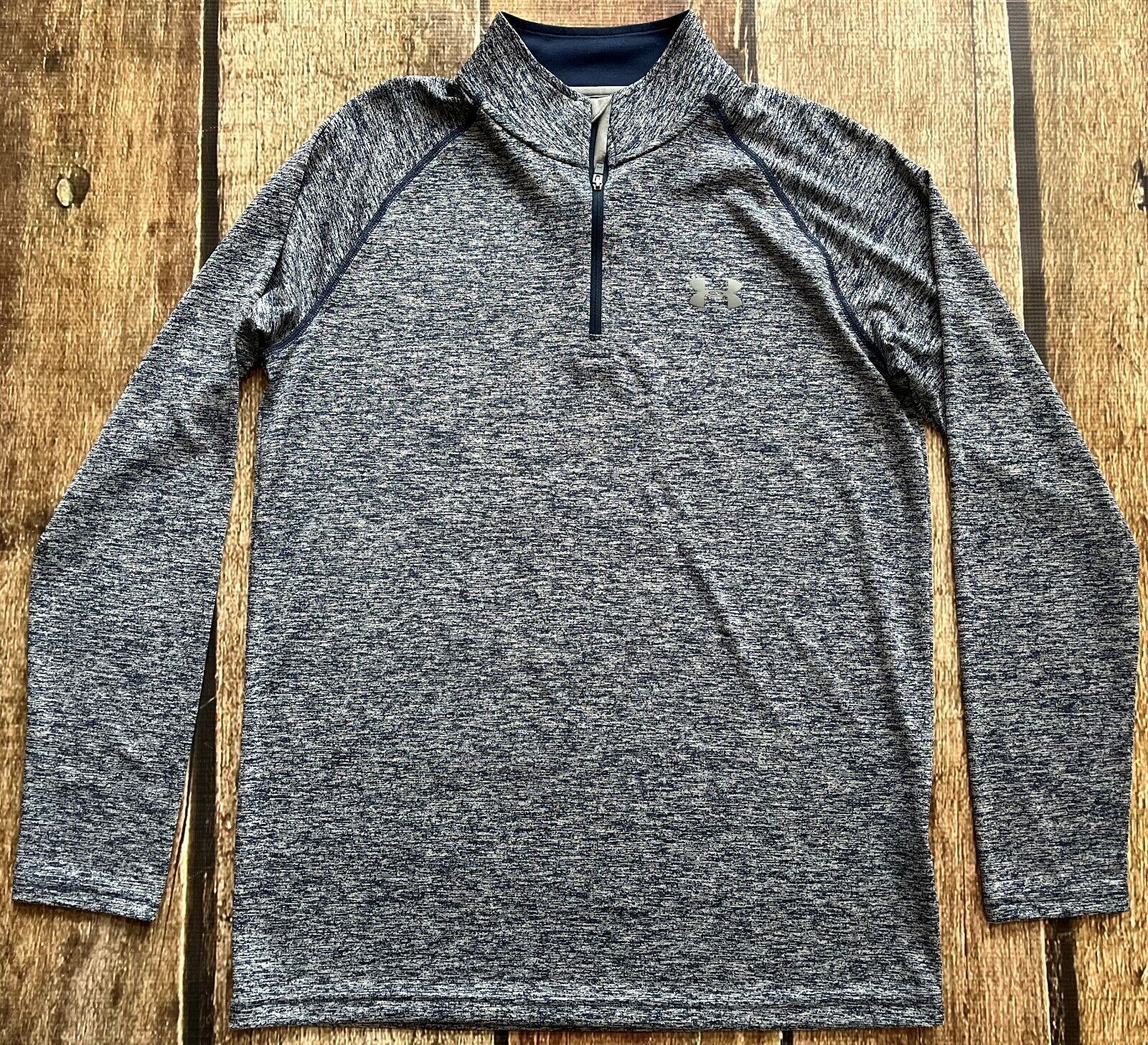 UNDER ARMOUR HEATGEAR LOOSE LONG SLEEVE 1/4 ZIP BLUE MARLED SHIRT MENS SMALL EUC gallery
