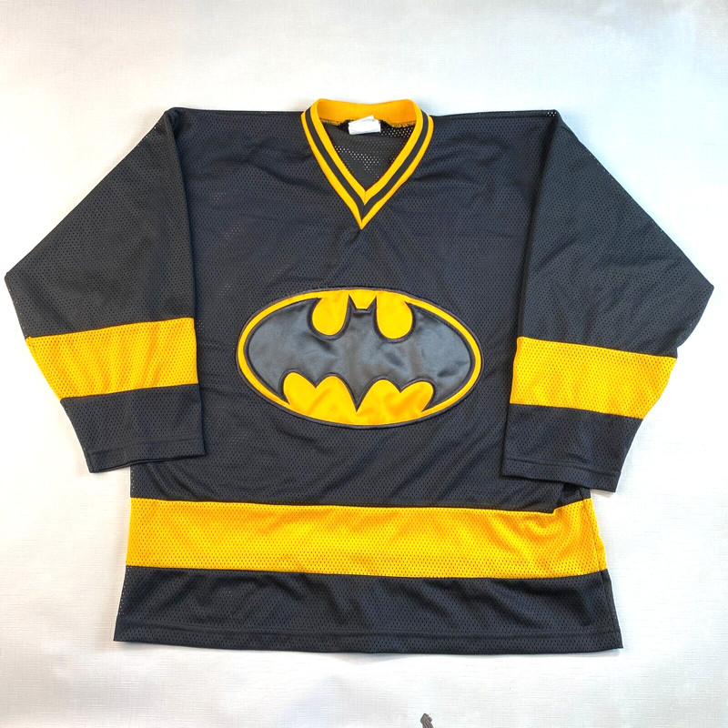 VTG 2000 BATMAN "6 FLAGS" MESH JERSEY! Y2K Black Yellow Long Sleeve Sz Adult S gallery