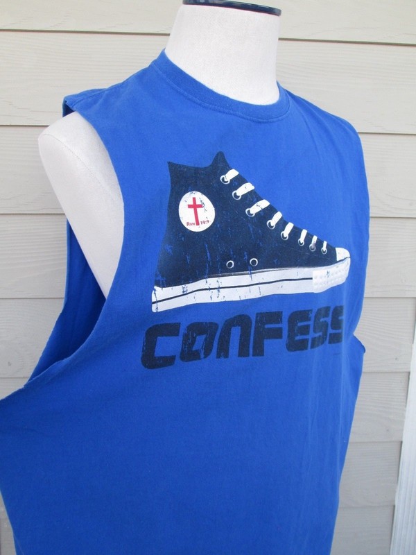 VINTAGE Converse Confess Sneaker Shirt XXL Blue Christian Religious Tank Top Men gallery