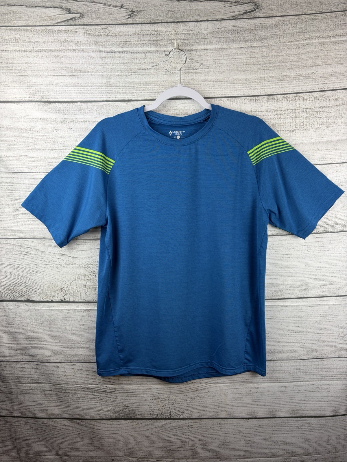 Liberty Pro Men's Short Sleeve Polyester Blend Blue Green Stripes Size M gallery