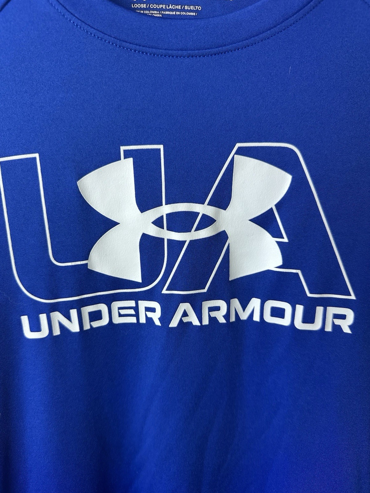 Under Armour UA Blue Short Sleeve Crew Neck Loose Fit T-Shirt YXL Polyester Logo gallery