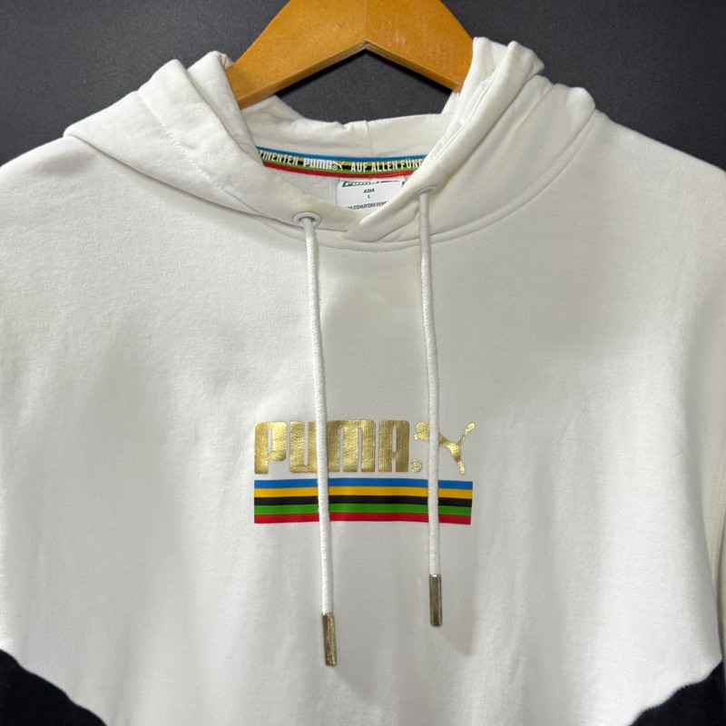 PUMA Hoodie Pullover Small White Neon Graphic Logo Kangaroo Pockets Sweatshirt gallery