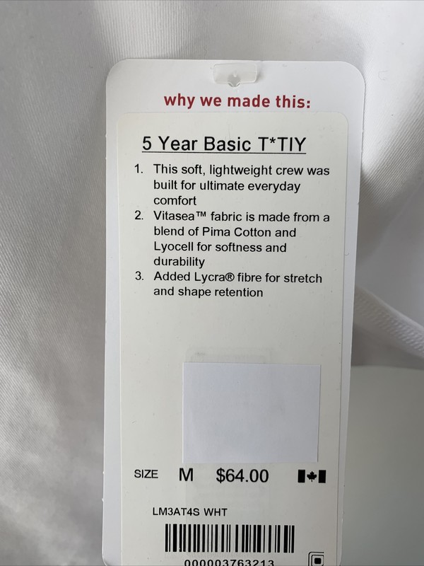 Lululemon 5 Year Basic T *TIY NWT Sizes M L XL White Vitasea Cotton Tee Shirt gallery