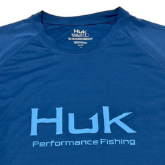 Huk Performance Fishing Shirt Mens Large Blue Long Sleeve Logo Graphic Mesh