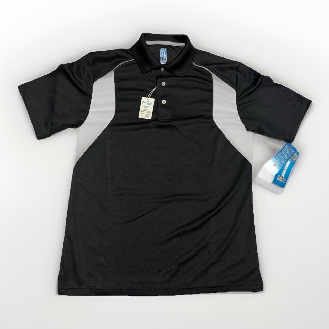NWT PGA Tour AirFlux Color Block Golf Polo Men M Black White Performance Wicking gallery